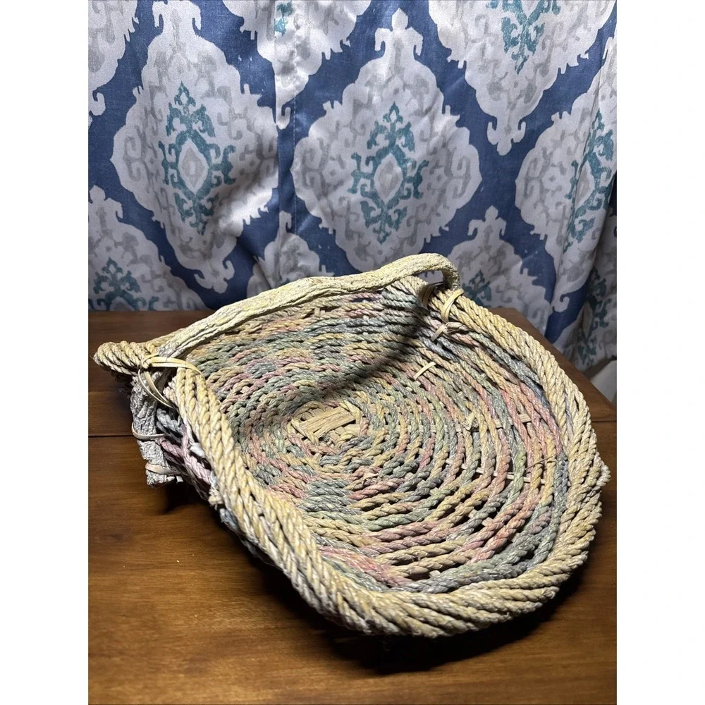 Vintage Rope Gathering Basket‎ Large Distressed Branch Handle Pastel Colors